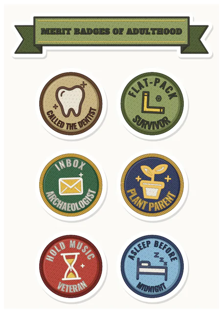 A sticker sheet of six round merit badges under a Merit Badges of Adulthood banner, made with Merit Badges