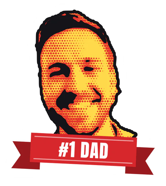A big head pillow of a man's face in red and yellow halftone with a #1 DAD ribbon, made with Big Head