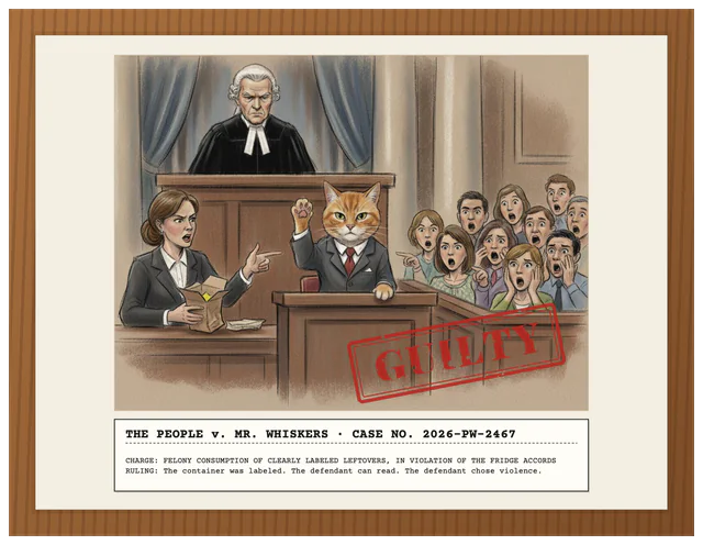A courtroom sketch of a cat in a suit on trial, in a red oak frame, made with Courtroom Sketch