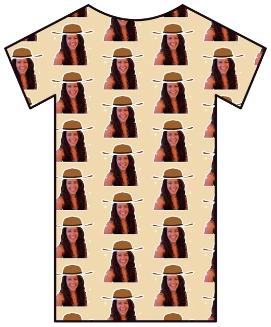 An all-over print tee repeating a woman's face in a cowboy hat, made with The Bachelor(ette) Collection
