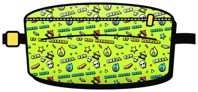 A fanny pack in a lime all-over print of flames, skulls and inside-joke slogans, made with Inside Joke Fanny Pack