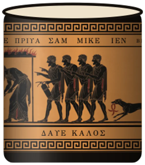 A mug with a Greek black-figure band of men laughing at a burning barbecue, made with The Frieze