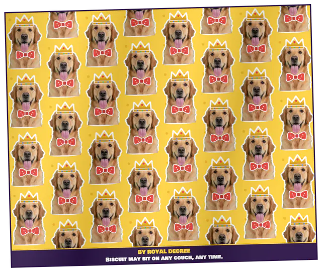 A yellow fleece throw covered in a golden retriever wearing a crown and bow tie, made with Good Boy Wallpaper