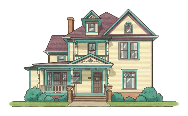 A pillow cut in the shape of a yellow Victorian house with teal trim, made with Home Sweet Pillow