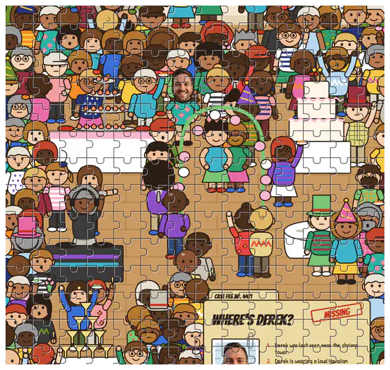 A jigsaw puzzle of a crowded wedding party with a missing person case card in the corner, made with Find Dave