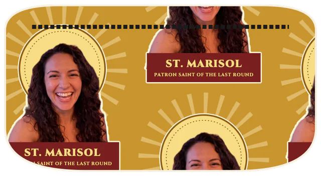 A fanny pack printed all over with a smiling woman in a halo labelled St. Marisol, made with Saint Mode