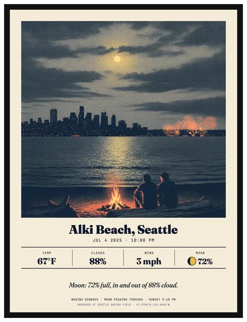 A framed poster of a bonfire on Alki Beach, Seattle under the moon, with that night's weather, made with The Sky That Night