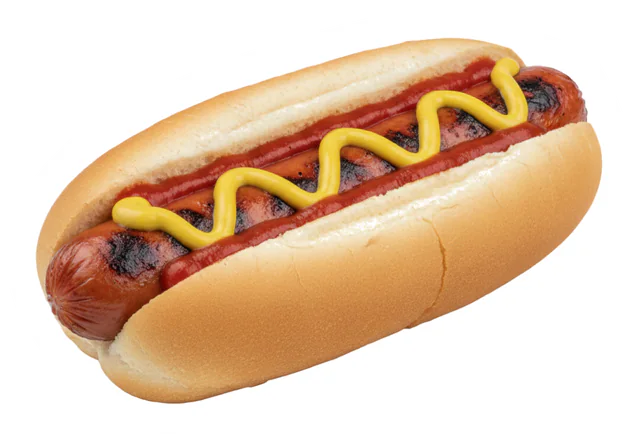 A hot dog shaped pillow with a white edge, made with Big Snack