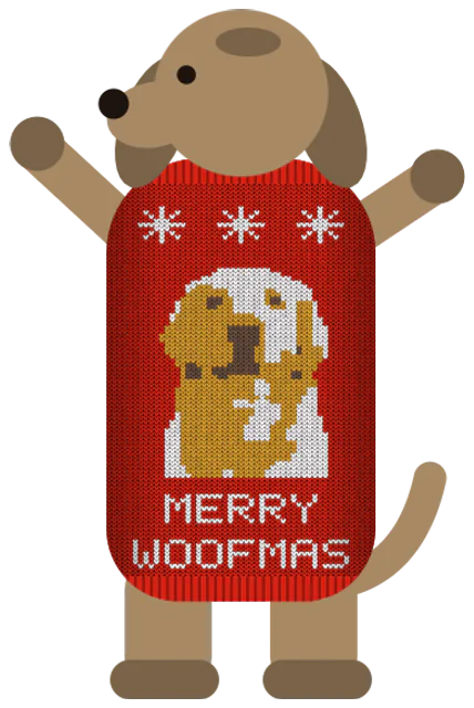 A dog wearing a red knitted sweater with a golden retriever's face and Merry Woofmas knitted on the front, made with Ugly Sweater