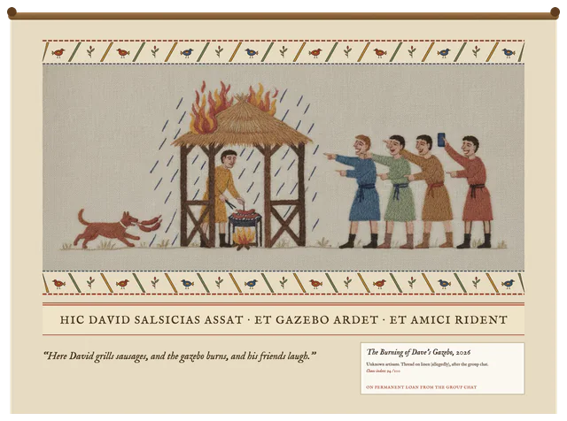 An embroidered wall tapestry on a rod showing friends laughing at a gazebo on fire, made with Group Chat Tapestry